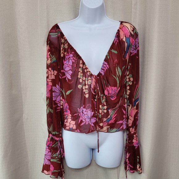 Free People Tops - Free People New Final Rose Deep V Blouse Women's Size S Floral Print Cocoa NWT